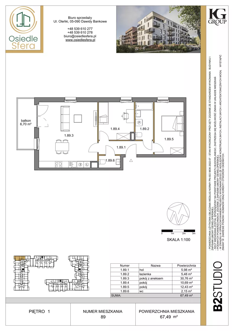 3 pokoje, mieszkanie 67,49 m², piętro 1, oferta nr 89, Osiedle Sfera - Etap II, Dawidy Bankowe, ul. Oleńki 14