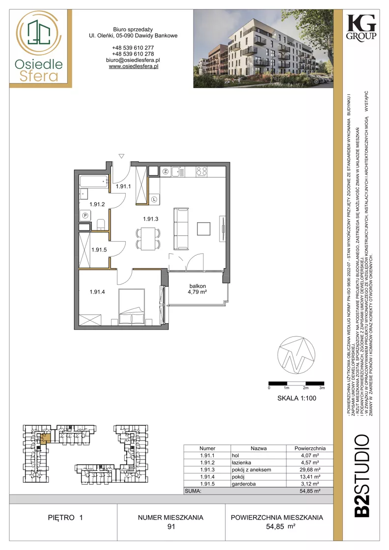 2 pokoje, mieszkanie 54,85 m², piętro 1, oferta nr 91, Osiedle Sfera - Etap II, Dawidy Bankowe, ul. Oleńki 14