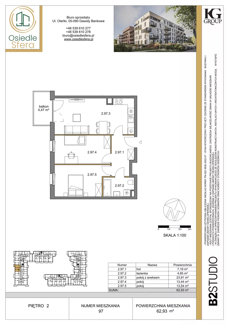 3 pokoje, mieszkanie 62,93 m², piętro 2, oferta nr 97, Osiedle Sfera - Etap II, Dawidy Bankowe, ul. Oleńki 14