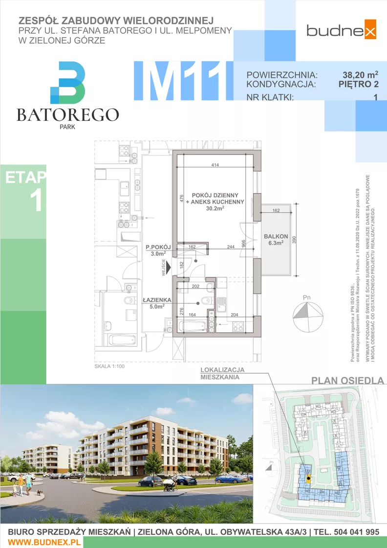 1 pokój, mieszkanie 38,20 m², piętro 2, oferta nr 1/M11, Batorego Park - Etap 1, Zielona Góra, Osiedle na Olimpie, ul. Stefana Batorego