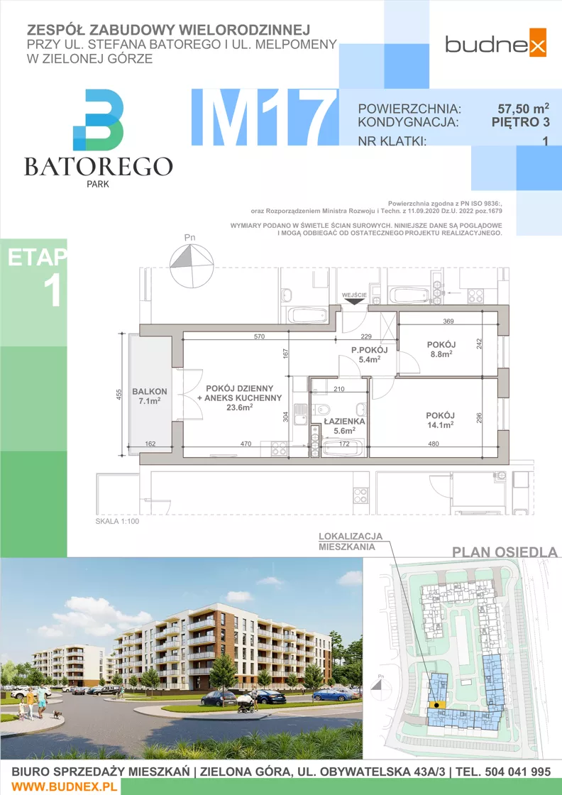 3 pokoje, mieszkanie 57,50 m², piętro 3, oferta nr 1/M17, Batorego Park - Etap 1, Zielona Góra, Osiedle na Olimpie, ul. Stefana Batorego