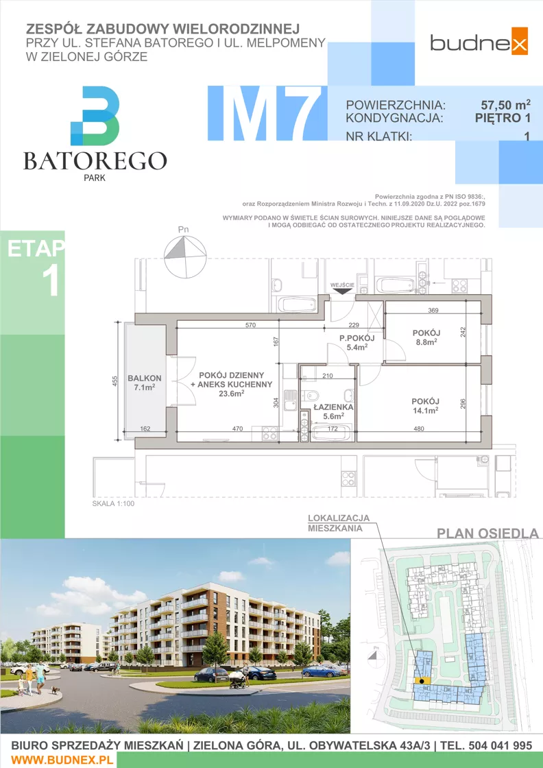 3 pokoje, mieszkanie 57,50 m², piętro 1, oferta nr 1/M7, Batorego Park - Etap 1, Zielona Góra, Osiedle na Olimpie, ul. Stefana Batorego