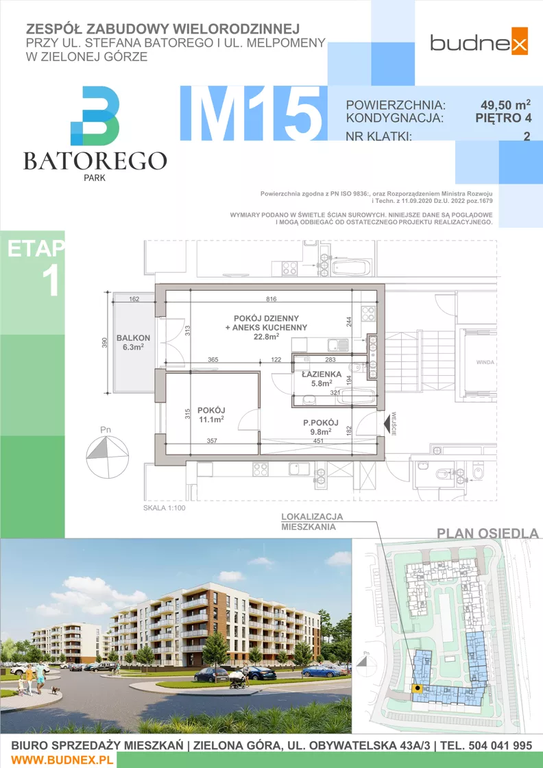 2 pokoje, mieszkanie 49,50 m², piętro 4, oferta nr 2/M15, Batorego Park - Etap 1, Zielona Góra, Osiedle na Olimpie, ul. Stefana Batorego