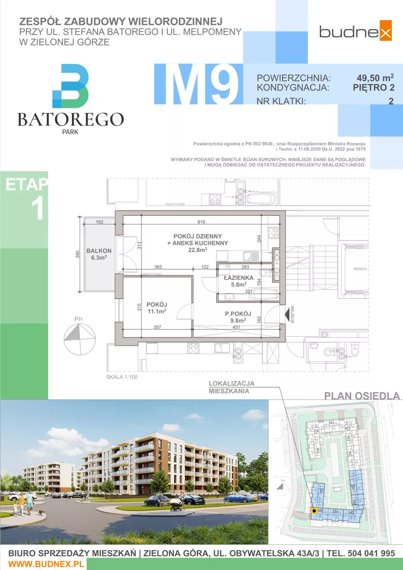2 pokoje, mieszkanie 49,50 m², piętro 2, oferta nr 2/M9, Batorego Park - Etap 1, Zielona Góra, Osiedle na Olimpie, ul. Stefana Batorego