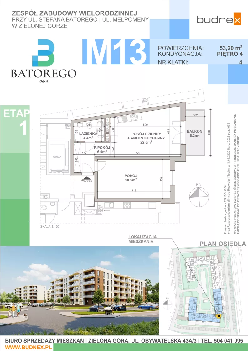 2 pokoje, mieszkanie 53,20 m², piętro 4, oferta nr 4/M13, Batorego Park - Etap 1, Zielona Góra, Osiedle na Olimpie, ul. Stefana Batorego