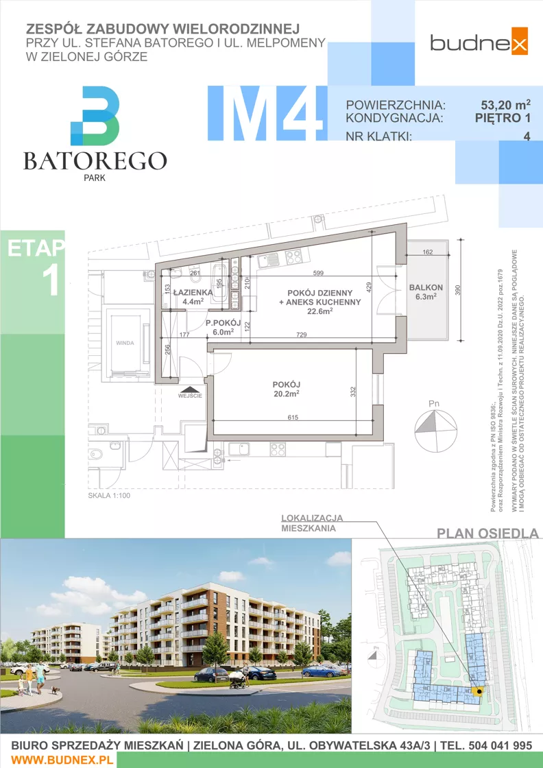 2 pokoje, mieszkanie 53,20 m², piętro 1, oferta nr 4/M4, Batorego Park - Etap 1, Zielona Góra, Osiedle na Olimpie, ul. Stefana Batorego