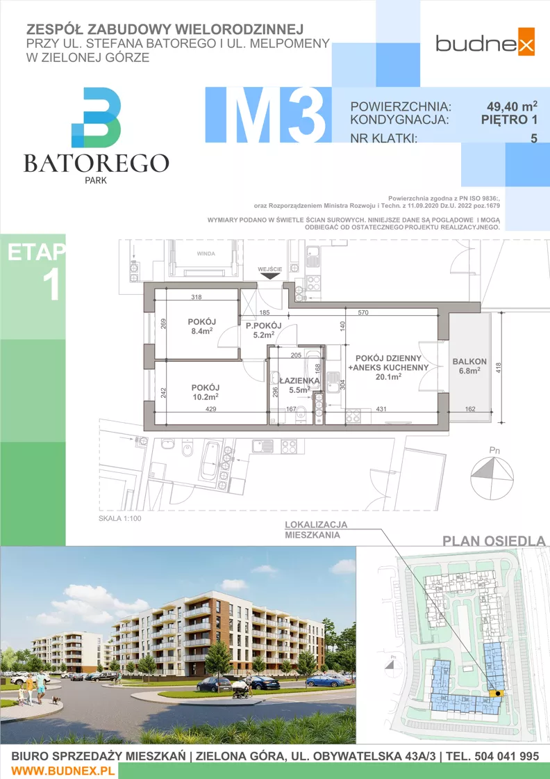 3 pokoje, mieszkanie 49,40 m², piętro 1, oferta nr 5/M3, Batorego Park - Etap 1, Zielona Góra, Osiedle na Olimpie, ul. Stefana Batorego