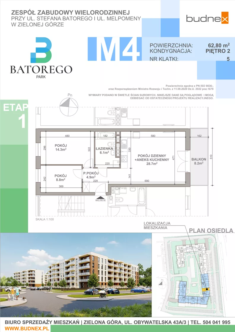 3 pokoje, mieszkanie 62,80 m², piętro 2, oferta nr 5/M4, Batorego Park - Etap 1, Zielona Góra, Osiedle na Olimpie, ul. Stefana Batorego