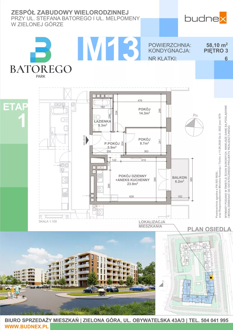 3 pokoje, mieszkanie 58,10 m², piętro 3, oferta nr 6/M13, Batorego Park - Etap 1, Zielona Góra, Osiedle na Olimpie, ul. Stefana Batorego