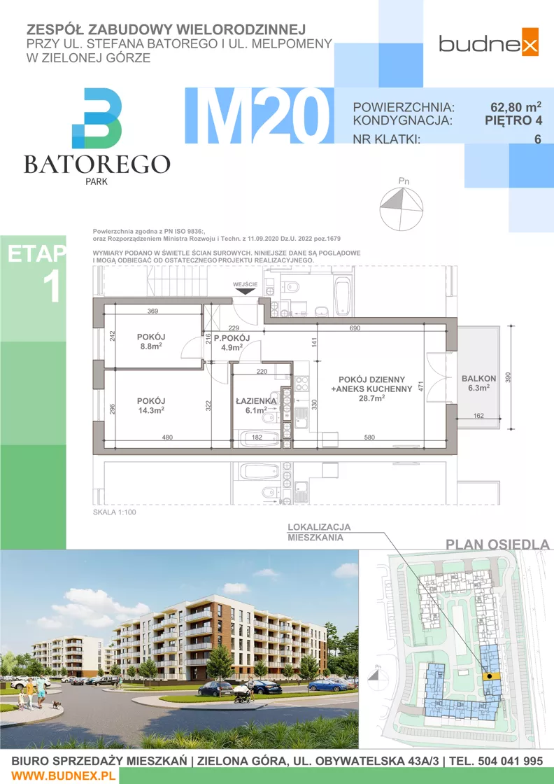 3 pokoje, mieszkanie 62,80 m², piętro 4, oferta nr 6/M20, Batorego Park - Etap 1, Zielona Góra, Osiedle na Olimpie, ul. Stefana Batorego