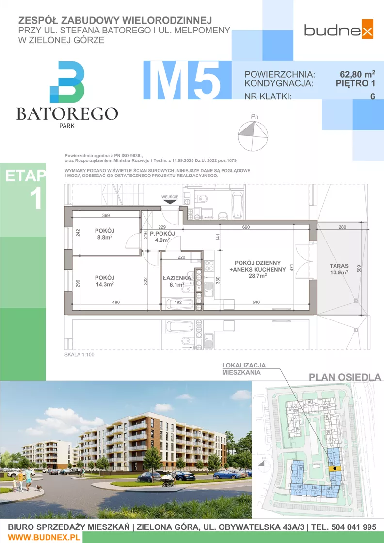 3 pokoje, mieszkanie 62,80 m², piętro 1, oferta nr 6/M5, Batorego Park - Etap 1, Zielona Góra, Osiedle na Olimpie, ul. Stefana Batorego
