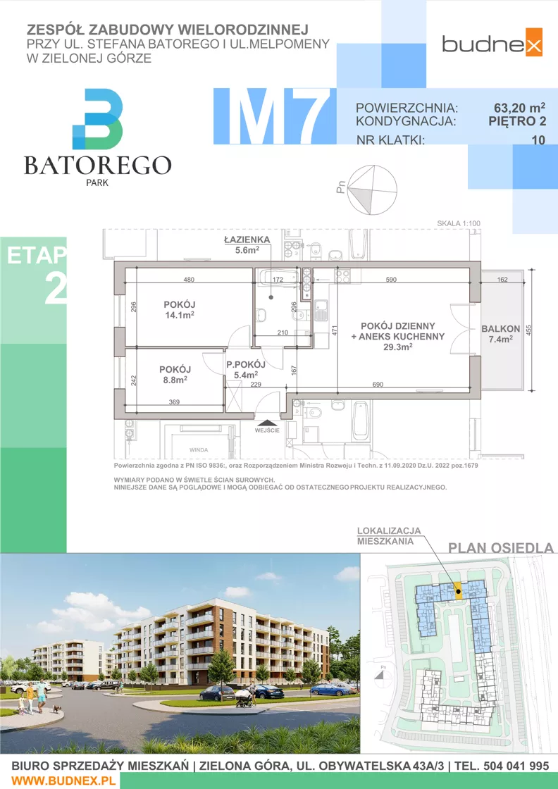 3 pokoje, mieszkanie 63,20 m², piętro 2, oferta nr 10/M7, Batorego Park - Etap 2, Zielona Góra, Osiedle na Olimpie, ul. Stefana Batorego