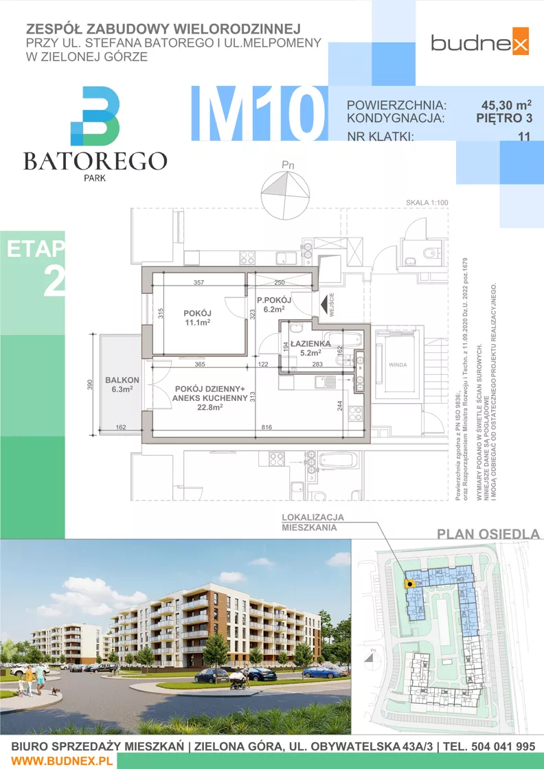 2 pokoje, mieszkanie 45,30 m², piętro 3, oferta nr 11/M10, Batorego Park - Etap 2, Zielona Góra, Osiedle na Olimpie, ul. Stefana Batorego