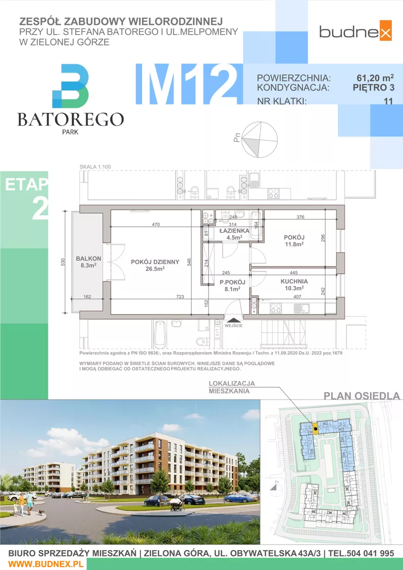 3 pokoje, mieszkanie 61,20 m², piętro 3, oferta nr 11/M12, Batorego Park - Etap 2, Zielona Góra, Osiedle na Olimpie, ul. Stefana Batorego