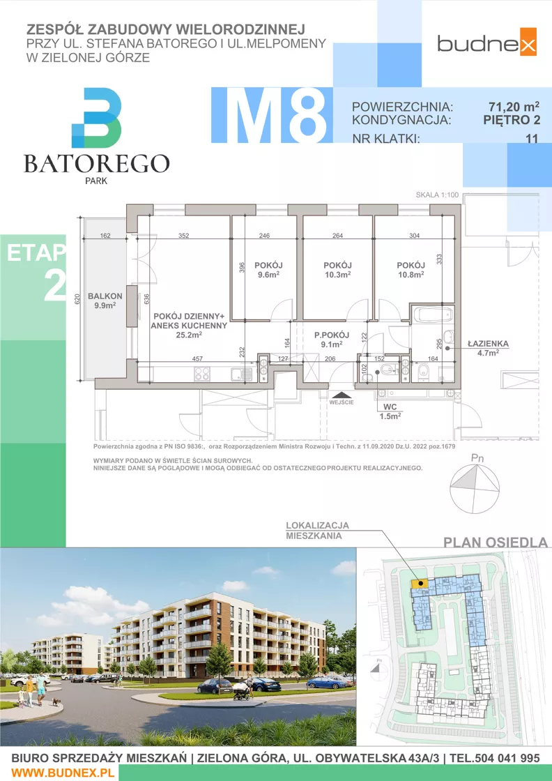 4 pokoje, mieszkanie 71,20 m², piętro 2, oferta nr 11/M8, Batorego Park - Etap 2, Zielona Góra, Osiedle na Olimpie, ul. Stefana Batorego