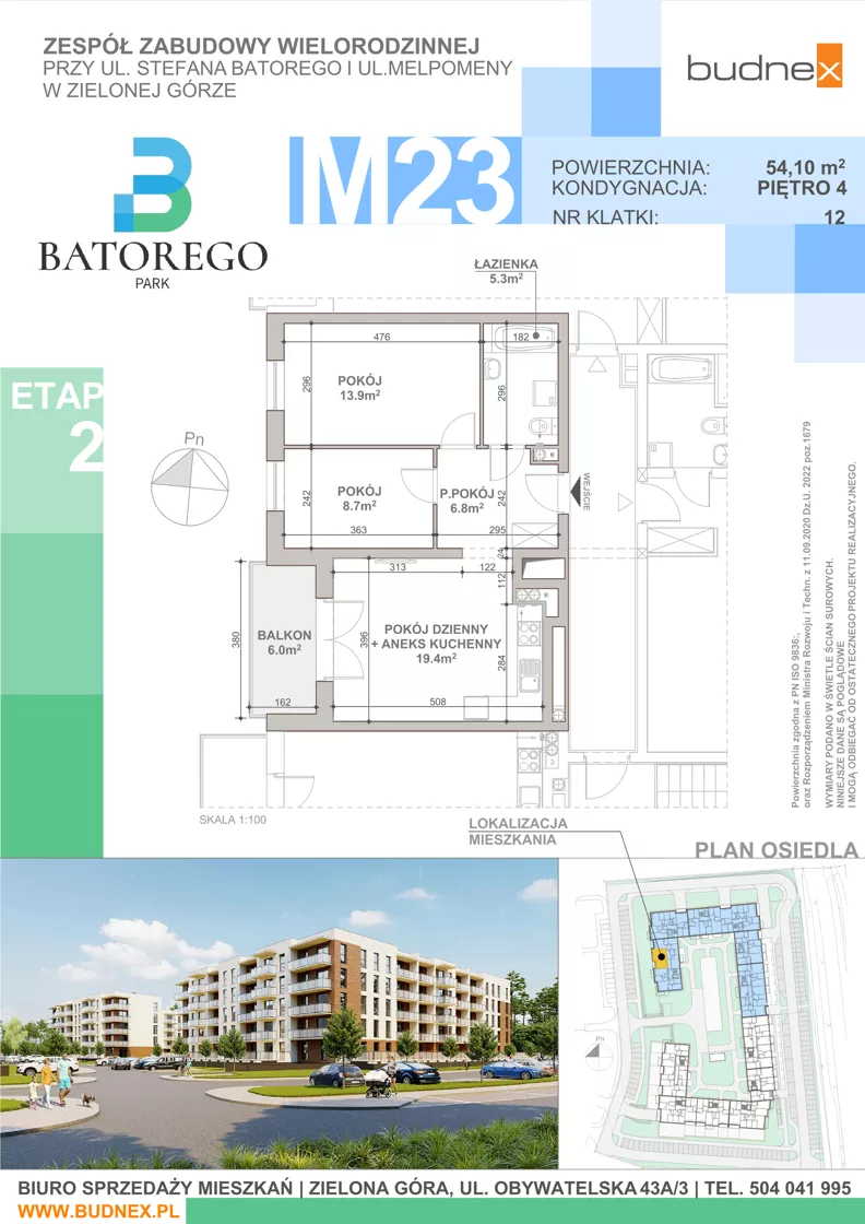 3 pokoje, mieszkanie 54,10 m², piętro 4, oferta nr 12/M23, Batorego Park - Etap 2, Zielona Góra, Osiedle na Olimpie, ul. Stefana Batorego