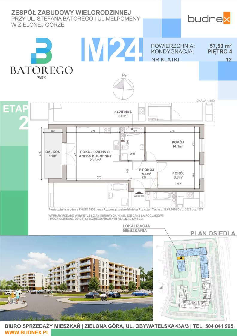 3 pokoje, mieszkanie 57,50 m², piętro 4, oferta nr 12/M24, Batorego Park - Etap 2, Zielona Góra, Osiedle na Olimpie, ul. Stefana Batorego