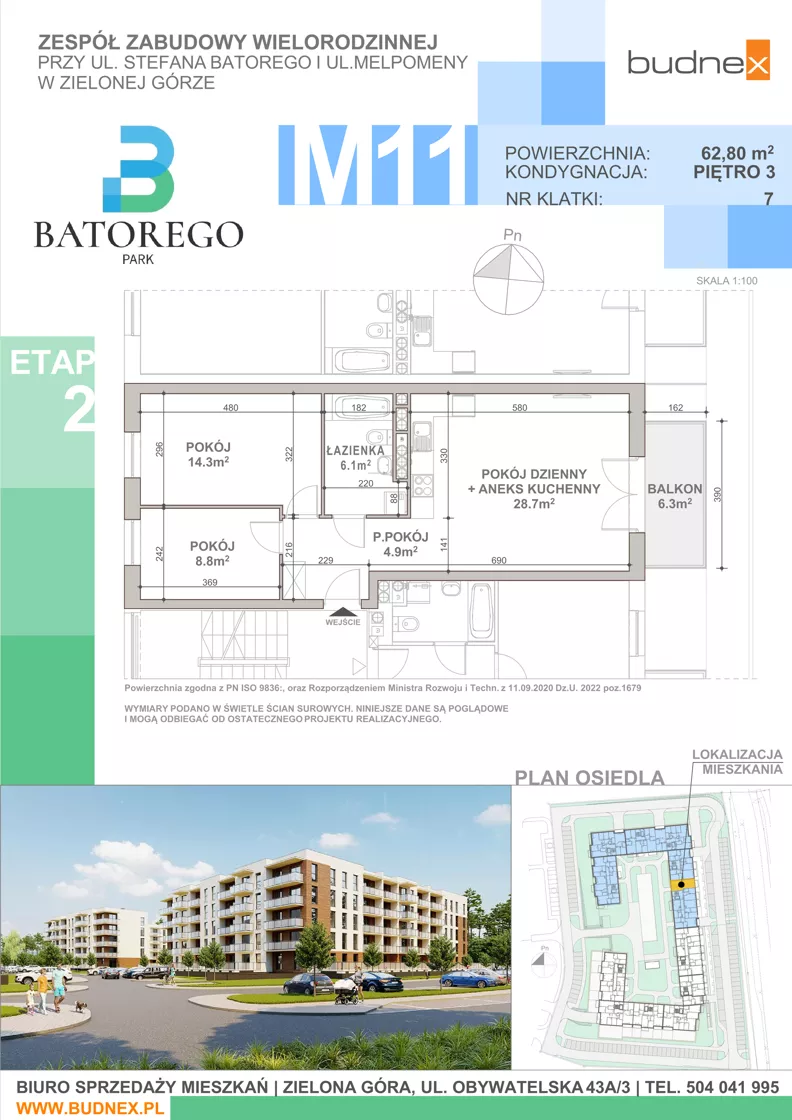 3 pokoje, mieszkanie 62,80 m², piętro 3, oferta nr 7/M11, Batorego Park - Etap 2, Zielona Góra, Osiedle na Olimpie, ul. Stefana Batorego