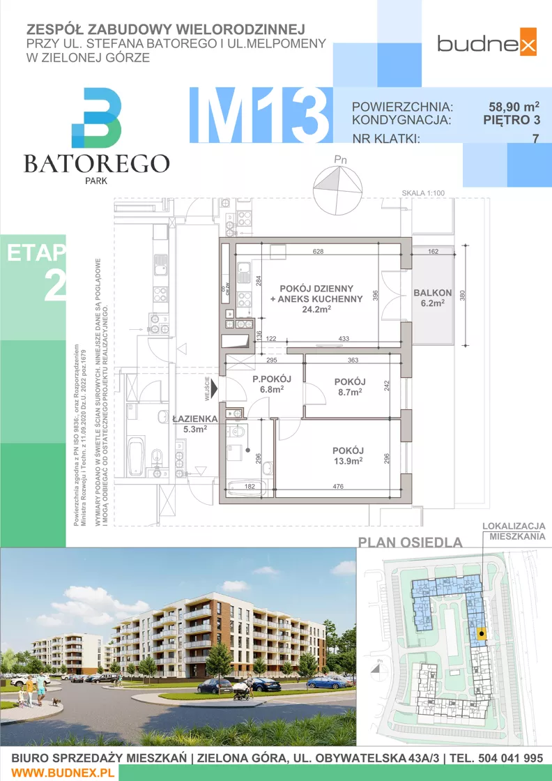 3 pokoje, mieszkanie 58,90 m², piętro 3, oferta nr 7/M13, Batorego Park - Etap 2, Zielona Góra, Osiedle na Olimpie, ul. Stefana Batorego