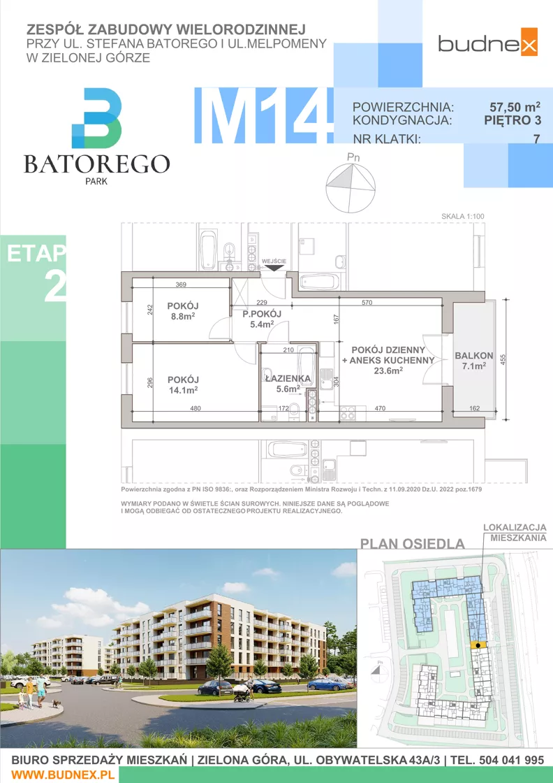 3 pokoje, mieszkanie 57,50 m², piętro 3, oferta nr 7/M14, Batorego Park - Etap 2, Zielona Góra, Osiedle na Olimpie, ul. Stefana Batorego