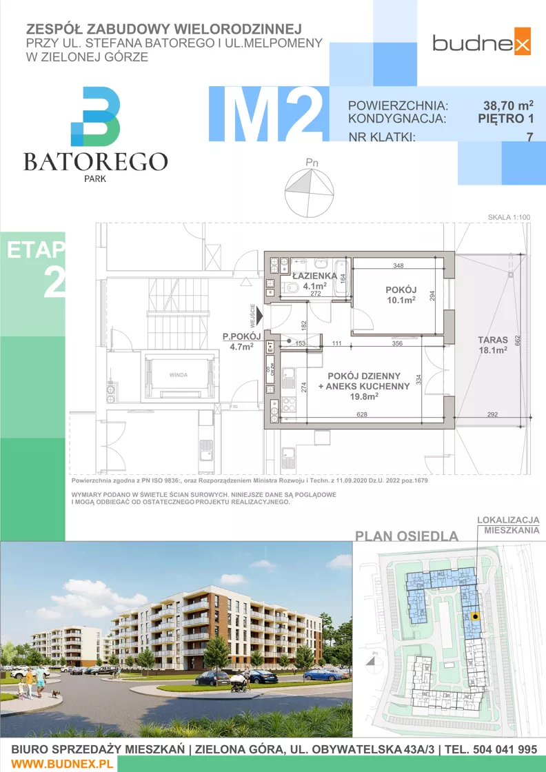 2 pokoje, mieszkanie 38,70 m², piętro 1, oferta nr 7/M2, Batorego Park - Etap 2, Zielona Góra, Osiedle na Olimpie, ul. Stefana Batorego