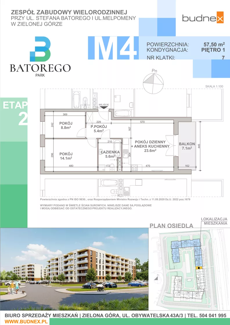 3 pokoje, mieszkanie 57,50 m², piętro 1, oferta nr 7/M4, Batorego Park - Etap 2, Zielona Góra, Osiedle na Olimpie, ul. Stefana Batorego
