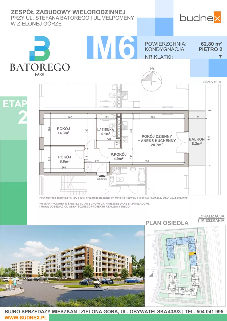 3 pokoje, mieszkanie 62,80 m², piętro 2, oferta nr 7/M6, Batorego Park - Etap 2, Zielona Góra, Osiedle na Olimpie, ul. Stefana Batorego