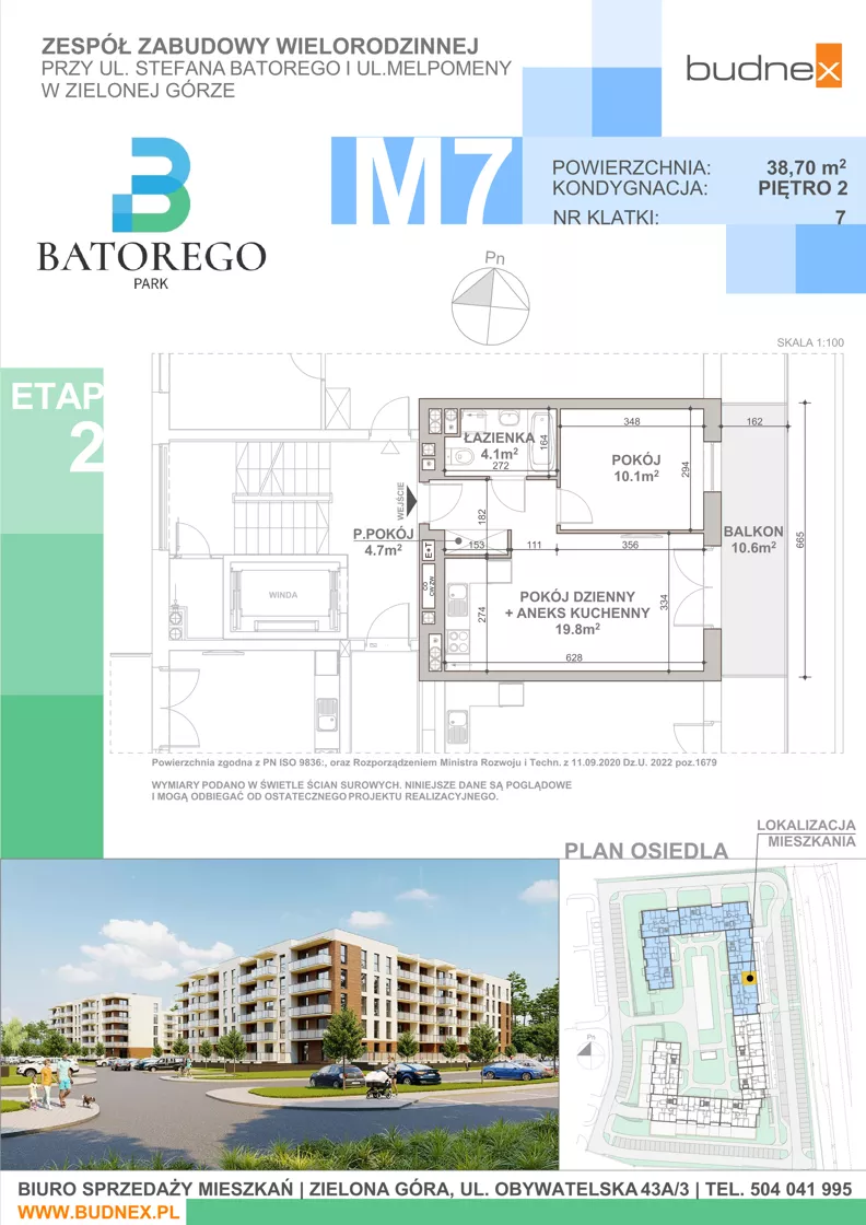 2 pokoje, mieszkanie 38,70 m², piętro 2, oferta nr 7/M7, Batorego Park - Etap 2, Zielona Góra, Osiedle na Olimpie, ul. Stefana Batorego
