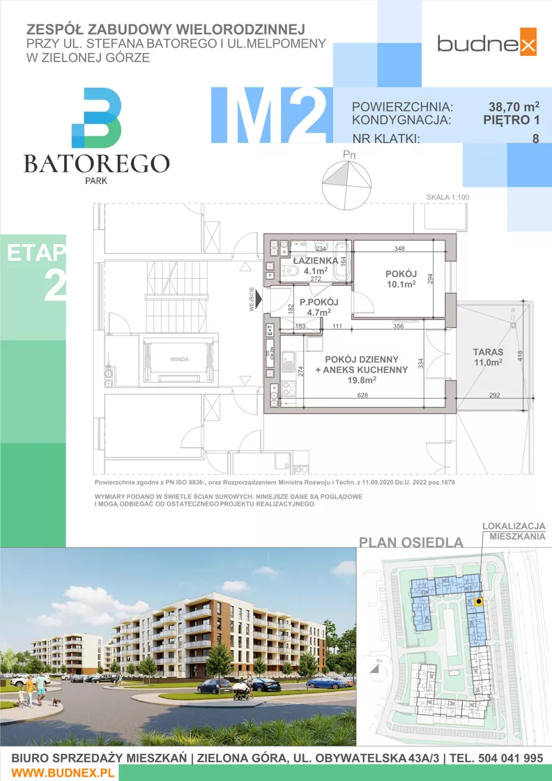 2 pokoje, mieszkanie 38,70 m², piętro 1, oferta nr 8/M2, Batorego Park - Etap 2, Zielona Góra, Osiedle na Olimpie, ul. Stefana Batorego