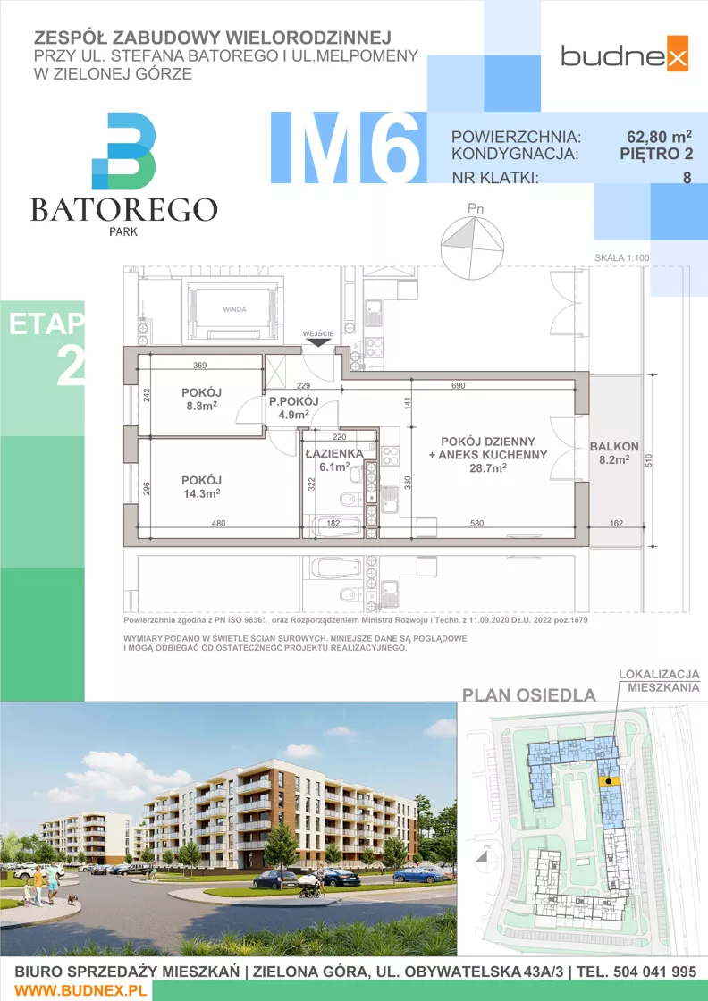 3 pokoje, mieszkanie 62,80 m², piętro 2, oferta nr 8/M6, Batorego Park - Etap 2, Zielona Góra, Osiedle na Olimpie, ul. Stefana Batorego
