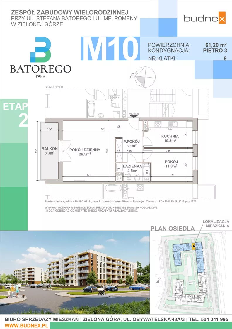 3 pokoje, mieszkanie 61,20 m², piętro 3, oferta nr 9/M10, Batorego Park - Etap 2, Zielona Góra, Osiedle na Olimpie, ul. Stefana Batorego