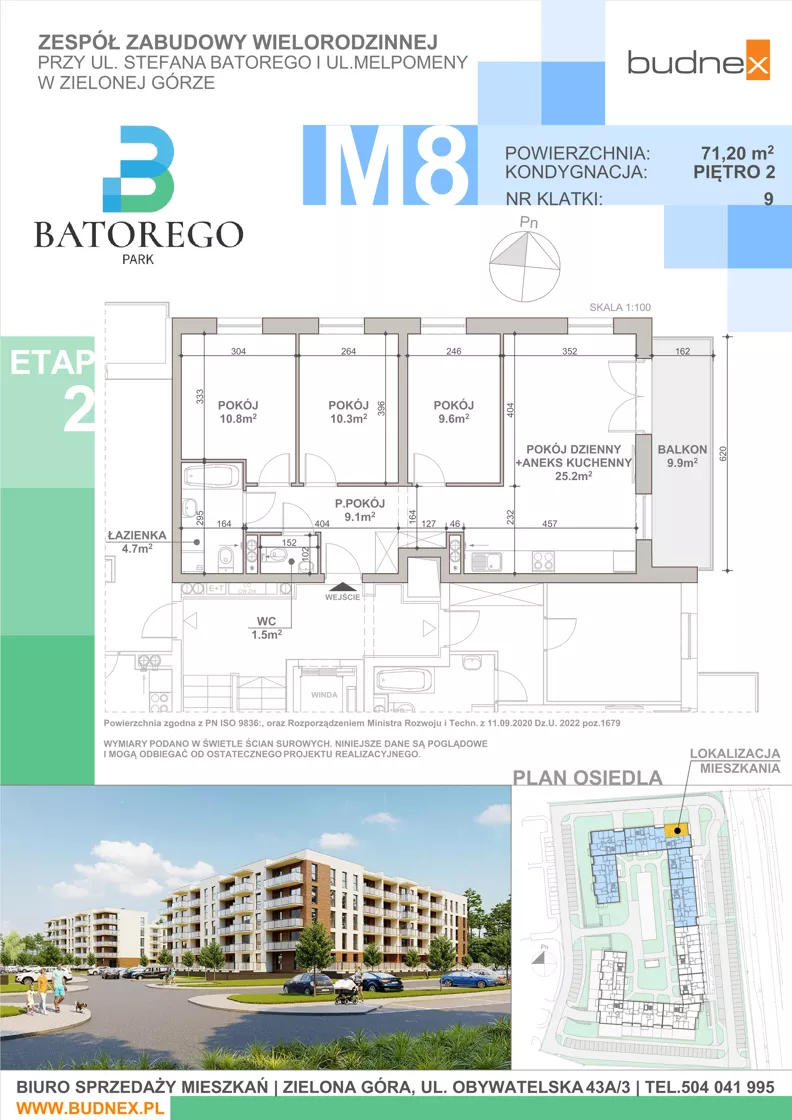4 pokoje, mieszkanie 71,20 m², piętro 2, oferta nr 9/M8, Batorego Park - Etap 2, Zielona Góra, Osiedle na Olimpie, ul. Stefana Batorego