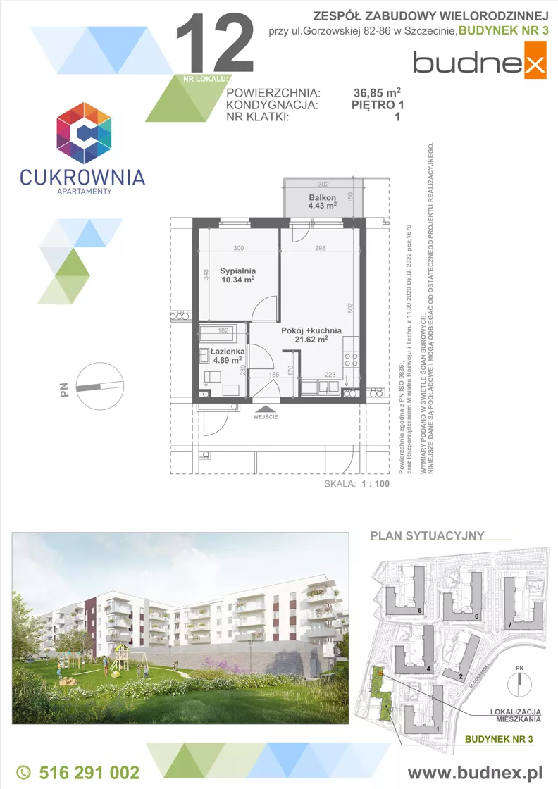 2 pokoje, mieszkanie 36,85 m², piętro 1, oferta nr 1/M12, Cukrownia Apartamenty - Etap IV, Szczecin, Zachód, Gumieńce, ul. Floriana Krygiera