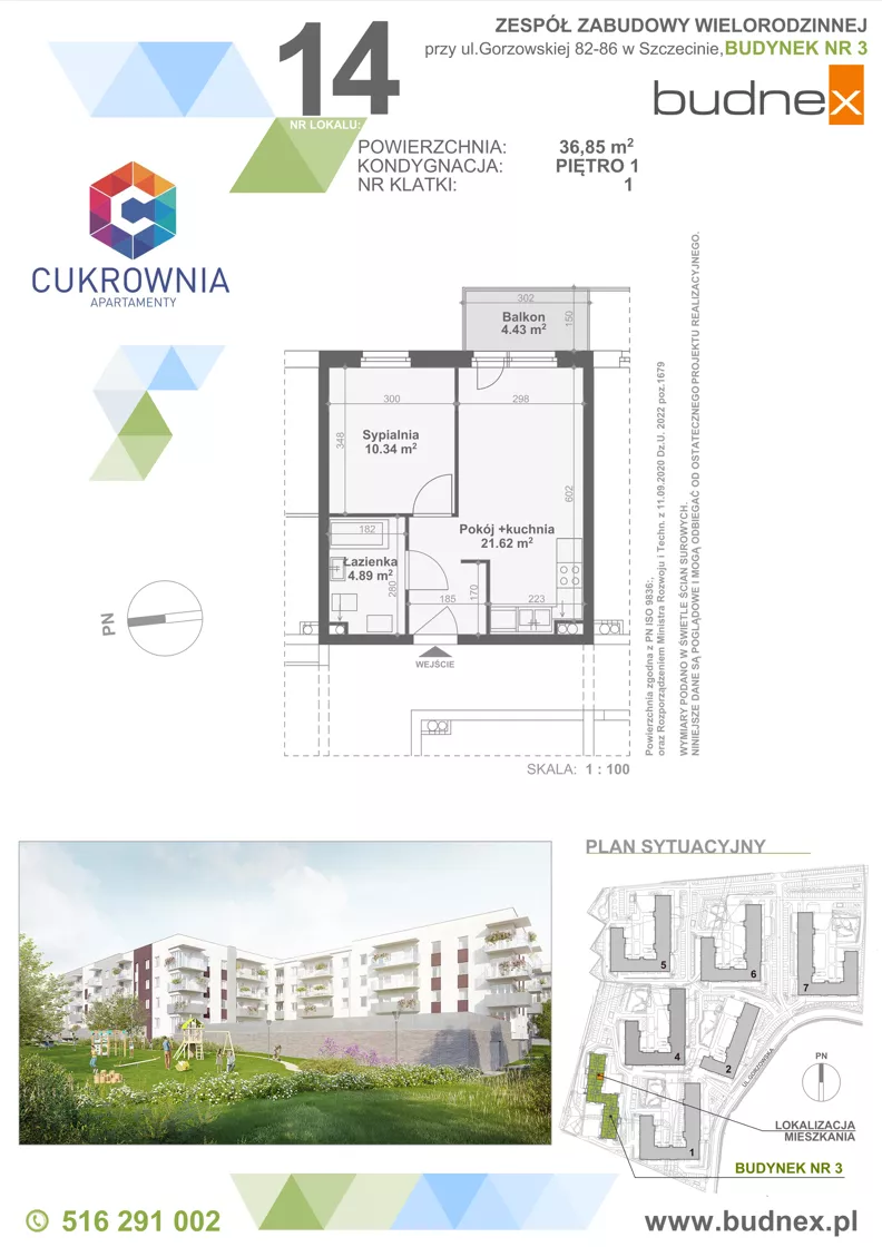 2 pokoje, mieszkanie 36,85 m², piętro 1, oferta nr 1/M14, Cukrownia Apartamenty - Etap IV, Szczecin, Zachód, Gumieńce, ul. Floriana Krygiera