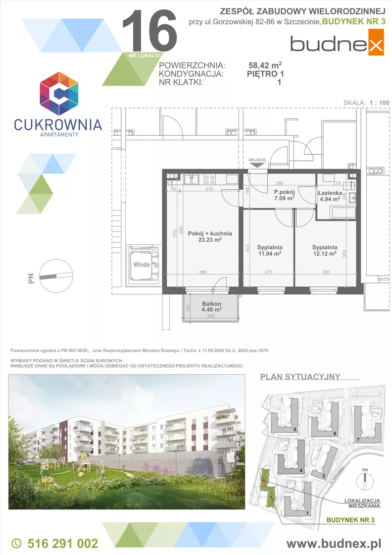 3 pokoje, mieszkanie 58,42 m², piętro 1, oferta nr 1/M16, Cukrownia Apartamenty - Etap IV, Szczecin, Zachód, Gumieńce, ul. Floriana Krygiera