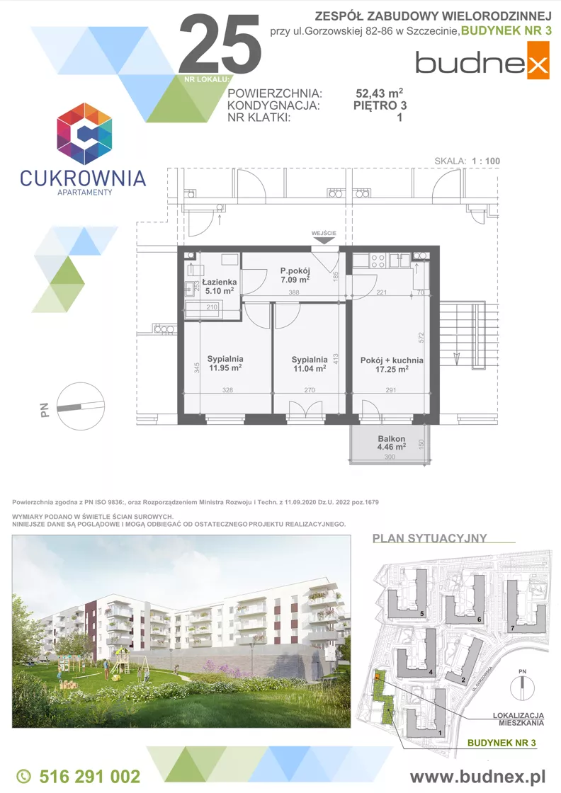 3 pokoje, mieszkanie 52,43 m², piętro 3, oferta nr 1/M25, Cukrownia Apartamenty - Etap IV, Szczecin, Zachód, Gumieńce, ul. Floriana Krygiera