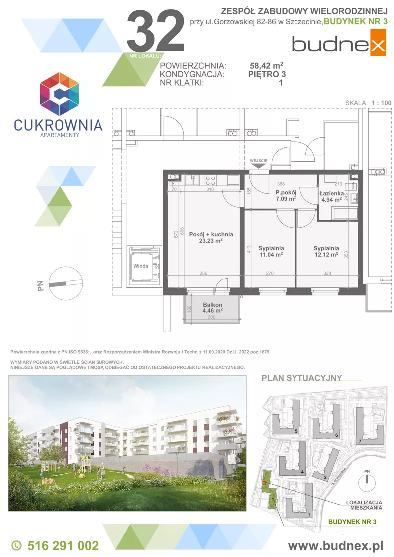 3 pokoje, mieszkanie 58,42 m², piętro 3, oferta nr 1/M32, Cukrownia Apartamenty - Etap IV, Szczecin, Zachód, Gumieńce, ul. Floriana Krygiera