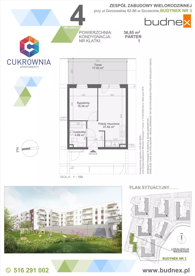 2 pokoje, mieszkanie 36,85 m², parter, oferta nr 1/M4, Cukrownia Apartamenty - Etap IV, Szczecin, Zachód, Gumieńce, ul. Floriana Krygiera