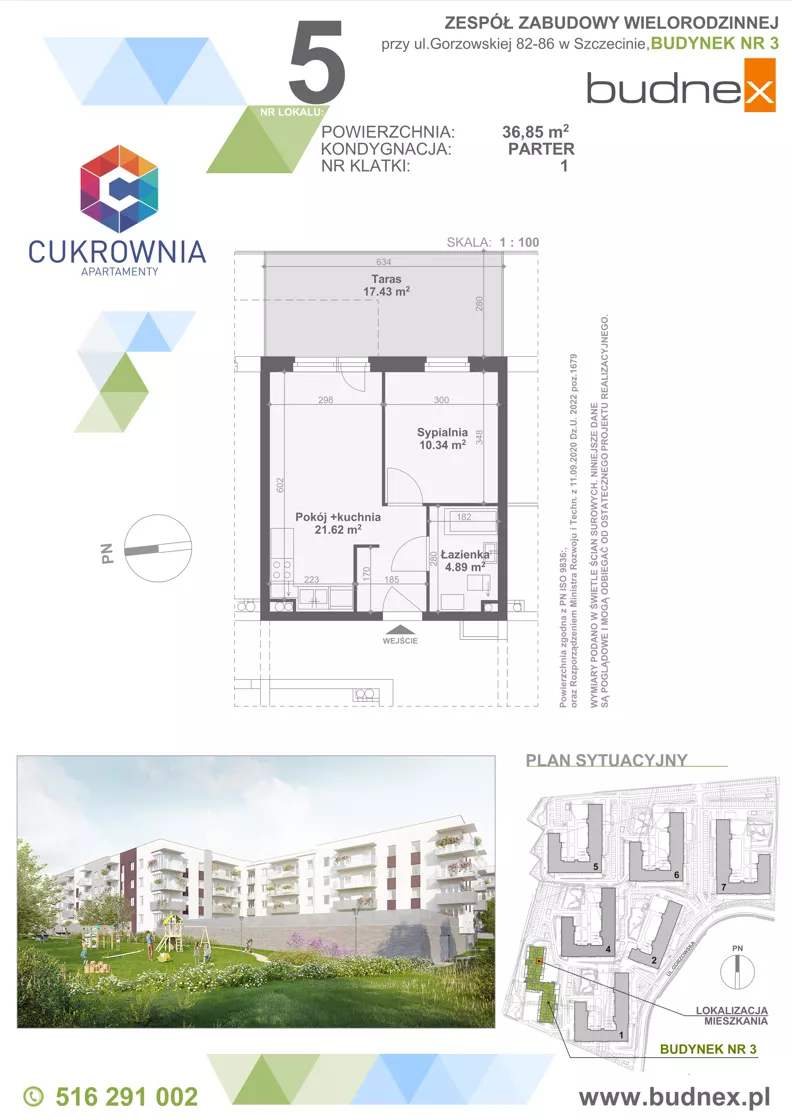 2 pokoje, mieszkanie 36,85 m², parter, oferta nr 1/M5, Cukrownia Apartamenty - Etap IV, Szczecin, Zachód, Gumieńce, ul. Floriana Krygiera