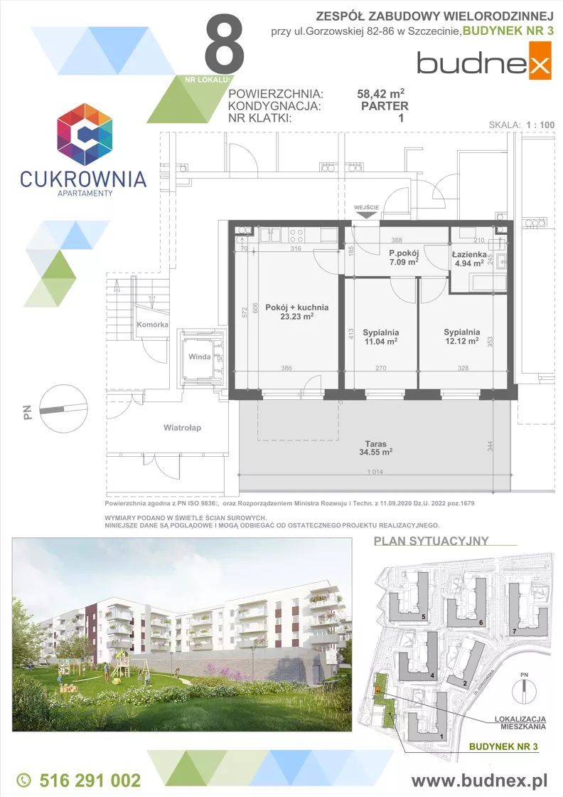 3 pokoje, mieszkanie 58,42 m², parter, oferta nr 1/M8, Cukrownia Apartamenty - Etap IV, Szczecin, Zachód, Gumieńce, ul. Floriana Krygiera