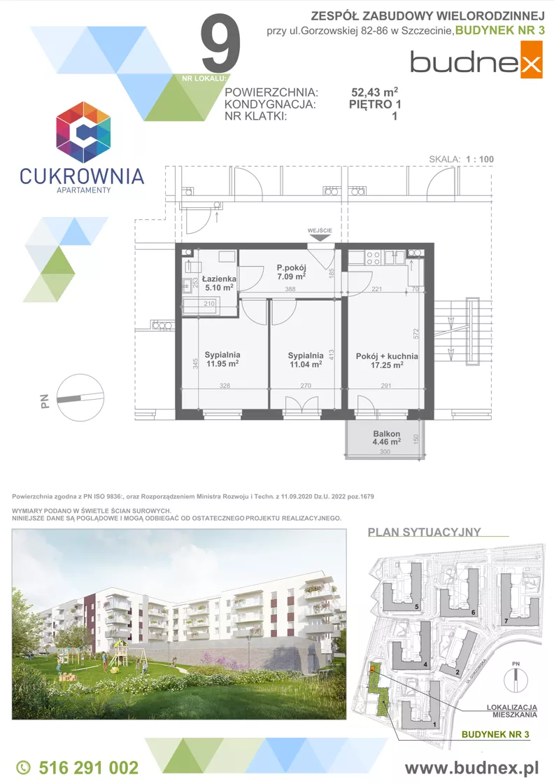 3 pokoje, mieszkanie 52,43 m², piętro 1, oferta nr 1/M9, Cukrownia Apartamenty - Etap IV, Szczecin, Zachód, Gumieńce, ul. Floriana Krygiera