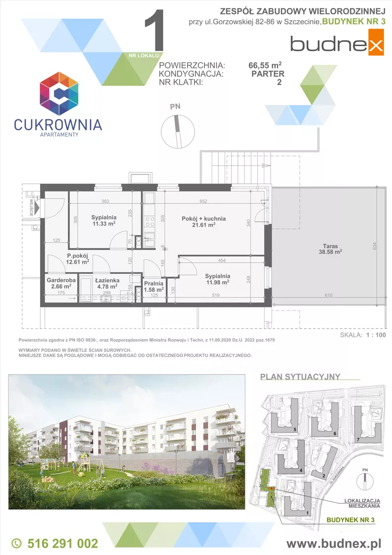 3 pokoje, mieszkanie 66,55 m², parter, oferta nr 2/M1, Cukrownia Apartamenty - Etap IV, Szczecin, Zachód, Gumieńce, ul. Floriana Krygiera