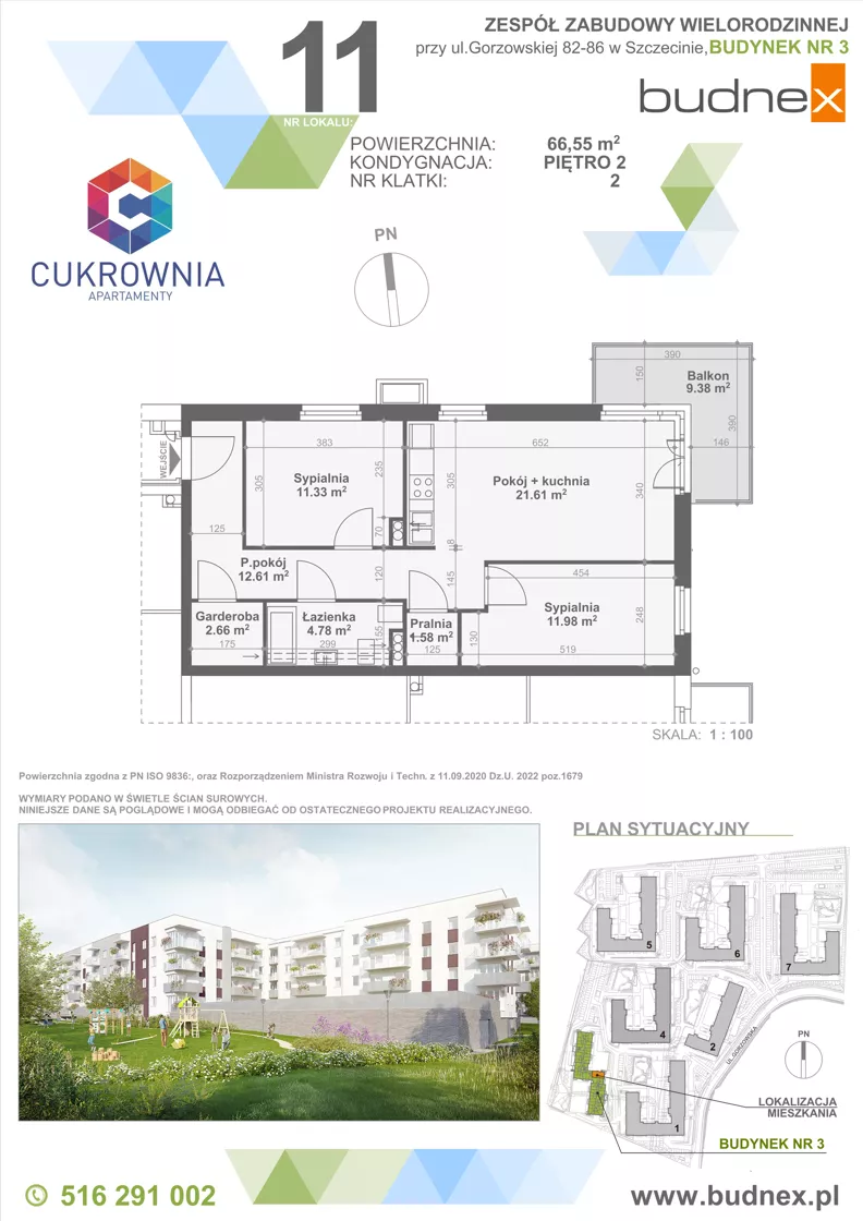 3 pokoje, mieszkanie 66,55 m², piętro 2, oferta nr 2/M11, Cukrownia Apartamenty - Etap IV, Szczecin, Zachód, Gumieńce, ul. Floriana Krygiera