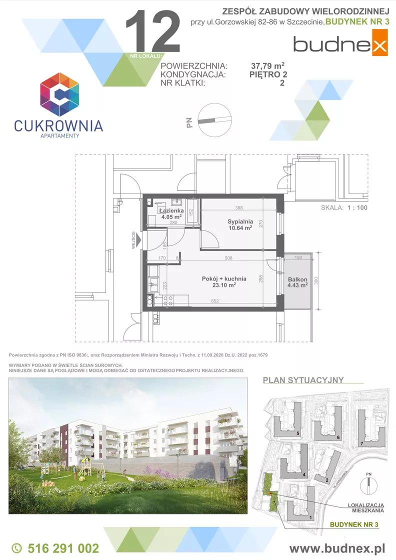 2 pokoje, mieszkanie 37,79 m², piętro 2, oferta nr 2/M12, Cukrownia Apartamenty - Etap IV, Szczecin, Zachód, Gumieńce, ul. Floriana Krygiera