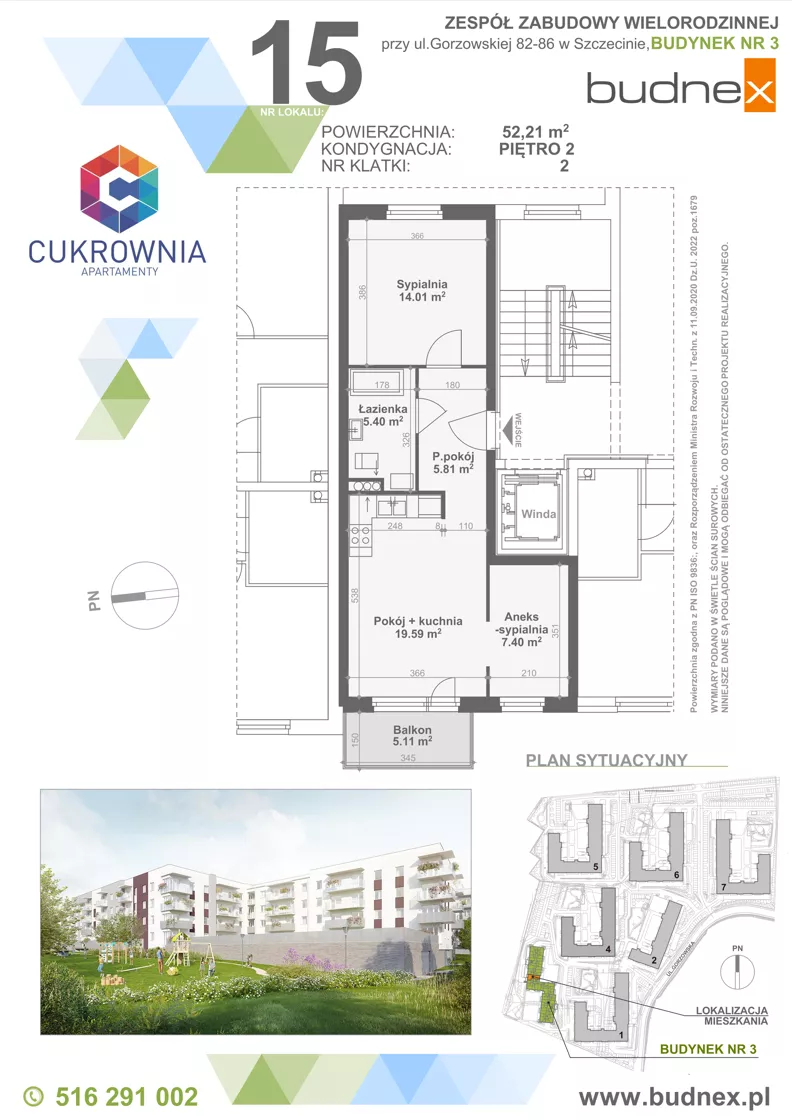 3 pokoje, mieszkanie 52,21 m², piętro 2, oferta nr 2/M15, Cukrownia Apartamenty - Etap IV, Szczecin, Zachód, Gumieńce, ul. Floriana Krygiera