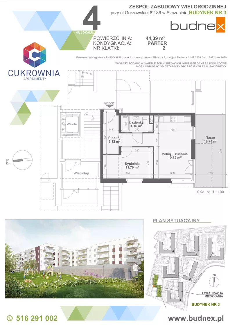 2 pokoje, mieszkanie 44,39 m², parter, oferta nr 2/M4, Cukrownia Apartamenty - Etap IV, Szczecin, Zachód, Gumieńce, ul. Floriana Krygiera