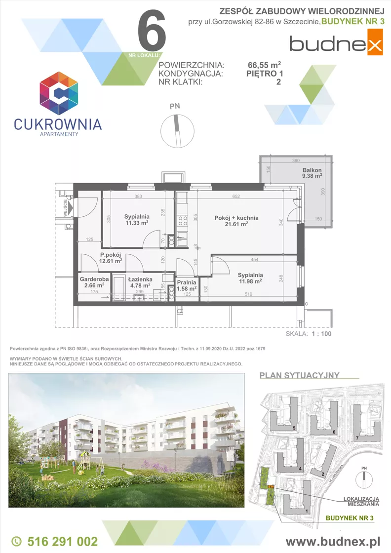 3 pokoje, mieszkanie 66,55 m², piętro 1, oferta nr 2/M6, Cukrownia Apartamenty - Etap IV, Szczecin, Zachód, Gumieńce, ul. Floriana Krygiera