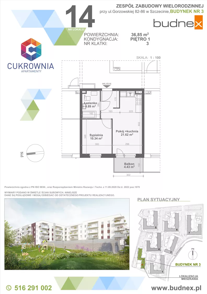 2 pokoje, mieszkanie 36,85 m², piętro 1, oferta nr 3/M14, Cukrownia Apartamenty - Etap IV, Szczecin, Zachód, Gumieńce, ul. Floriana Krygiera