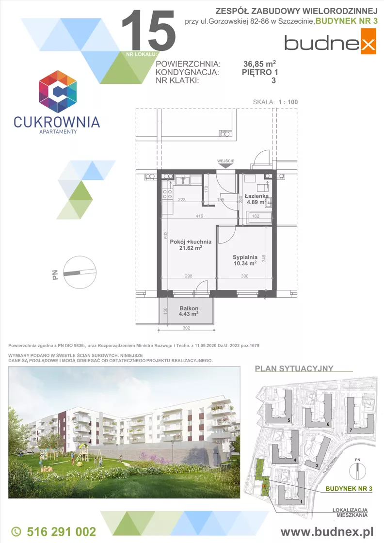 2 pokoje, mieszkanie 36,85 m², piętro 1, oferta nr 3/M15, Cukrownia Apartamenty - Etap IV, Szczecin, Zachód, Gumieńce, ul. Floriana Krygiera