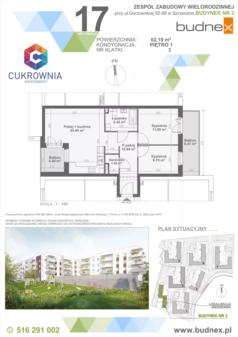 3 pokoje, mieszkanie 62,19 m², piętro 1, oferta nr 3/M17, Cukrownia Apartamenty - Etap IV, Szczecin, Zachód, Gumieńce, ul. Floriana Krygiera